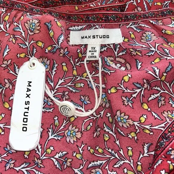 Max Studio Women's Red Floral Lightweight Long Sleeve Boho Tunic Top 1X - Picture 7 of 10